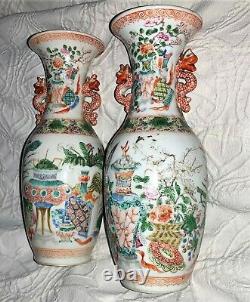 Paire Antique (2) De Porcelaine Porcélaine Famille Valeurs Roses Qing