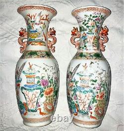 Paire Antique (2) De Porcelaine Porcélaine Famille Valeurs Roses Qing