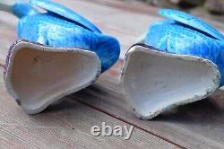 Paire D'antiquités Chinoises Export Turquoise Blue Porcelaine Figural Canards 10 Pouces