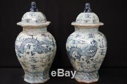 Paire D'énormes Vases En Céladon Dragon Bleu Blanc 25,5 Porcelaine Chinoise En Céramique