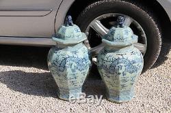 Paire D'énormes Vases En Céladon Dragon Bleu Blanc 25,5 Porcelaine Chinoise En Céramique