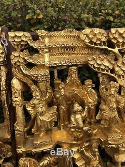 Paire De 28 Antique Chinese Dore Panneau De Bois Sculpté Guerrier Scene High Relif