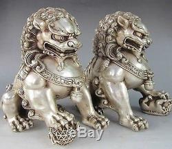 Paire De Statues De Chien Chinois En Argent Guardian Lion Foo Fu