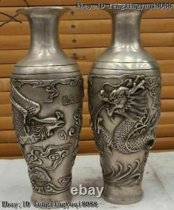 Paire De Vases Chinois En Cuivre Blanc Argent Fengshui Dragon Phoenix Royal Pot De Bouteille