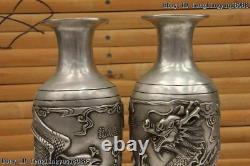 Paire De Vases Chinois En Cuivre Blanc Argent Fengshui Dragon Phoenix Royal Pot De Bouteille