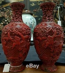 Paire Exceptionnelle De Vases En Cinabre D'époque 18ème / 19ème Siècle - Immortels Chinois