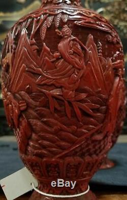 Paire Exceptionnelle De Vases En Cinabre D'époque 18ème / 19ème Siècle - Immortels Chinois