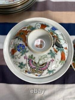 Paire Fine D'antique Chinois Famille Rose Papillons Lidded Bowls Qianlong Mark