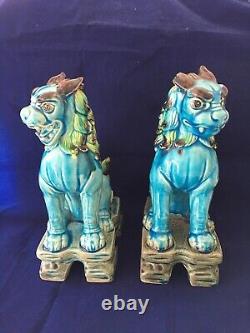 Paire Vintage Chinese Export Turquoise Blue Glazed Ceramic Foo Dog Sculptures 10