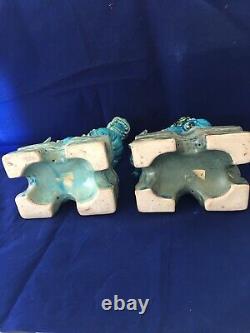 Paire Vintage Chinese Export Turquoise Blue Glazed Ceramic Foo Dog Sculptures 10
