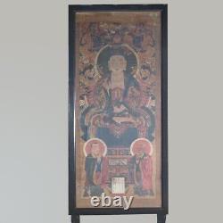 Panneau antique de divinité chinoise dans un cadre ébonisé du 19ème siècle