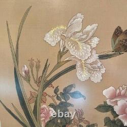 Peinture chinoise chinoiserie vintage à l'aquarelle gouache sur soie, encadrée et signée.