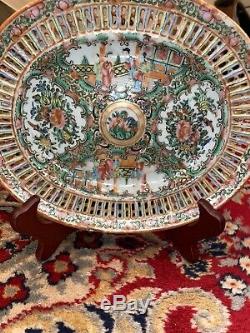 Plaque Antique Canton Porcelaine Famille Médaillon Rose Chinois Reticulated