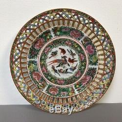 Plaque Antique Porcelaine Chinoise Famille Médaillon Rose Reticulated