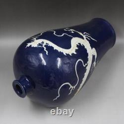 Porcelaine chinoise de la dynastie Yuan, vase en forme de prunier avec motif de dragon et glaçure bleue, 13,38 pouces