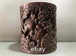 Pot à pinceaux exquis en bambou naturel chinois sculpté à la main - Les dix-huit Arhats (ah0904)