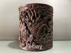 Pot à pinceaux exquis en bambou naturel chinois sculpté à la main - Les dix-huit Arhats (ah0904)