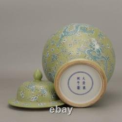 Pot chinois antique en porcelaine de la dynastie Qing avec couvercle Famille Verte Tiffany - Marqué