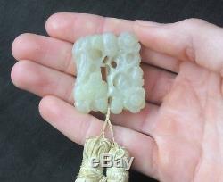 Qing Chinois Profondément Sculpté Heitan Jade-scratches Verre-pendentif & Gland