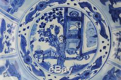 Rare Antique Chargeur Chinois En Porcelaine De Transition 36cm Période Kraak Ming Qing