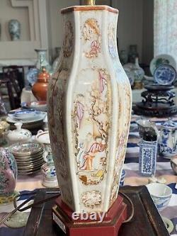 Rare Antique Chinese Famille Rose Mandarin Hexagon Vase Lamp 18ème C