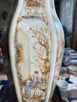 Rare Antique Chinese Famille Rose Mandarin Hexagon Vase Lamp 18ème C