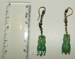 Rare, Antique Chinois 9 Ct Or Cicada Boucles D'oreilles Avec Jade & Saphirs Sculpté