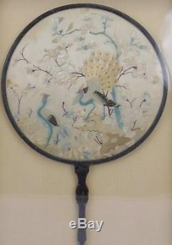 Rare Antique Chinois Fan Silk Peacock Design