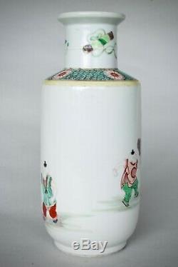 Rare Chinois Antique Famille Verte Petit Porcelaine Rouleau Vase, Dynastie Qing