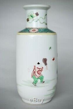 Rare Chinois Antique Famille Verte Petit Porcelaine Rouleau Vase, Dynastie Qing