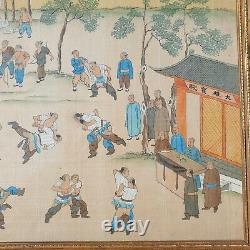 Rare Fine Qualité Antique Chinois 19ème C Aquarelle Kungfu Formation Peinture