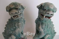 Rare Paire De Chinois Antique Du Xixème Siècle Sancai Foo Dogs Sceau De Cire 7.5