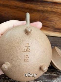 Rare Théière Antique En Poterie Chinoise Yixing À 3 Pieds Avec Marqué