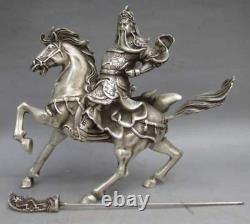 Récoltable Chinese Tibet Silver Warrior God Guan Yu & Horse Statue