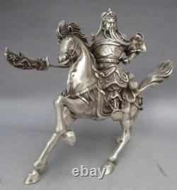 Récoltable Chinese Tibet Silver Warrior God Guan Yu & Horse Statue