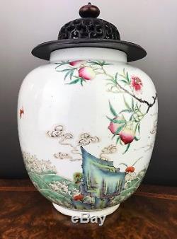 Rose Pot Antique Famille En Porcelaine De Chine Aux Pêches Et Rochers 19ème Siècle