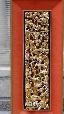Sculpté En Bois Chinois Antique Sculpté Temple Temple Doré Des Oiseaux, Cerisier En Fleurs