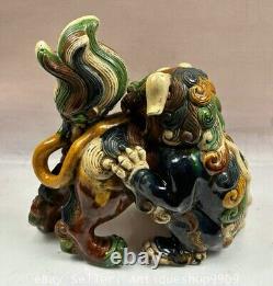 Sculpture de lion mère et enfant en poterie Tangsancai chinoise ancienne marquée 14