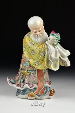Signé Antique Chinois Du 19ème Siècle Shou Lao Famille Rose Statue En Porcelaine