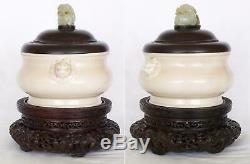 Signé Chinois Dehua Porcelaine Encensoir Vers 1640 Jade Top Zitan Cover & Support