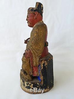 Statue Antique De Chine En Bois Sculpté Et Ciselé Polychrome Polychrome 18ème