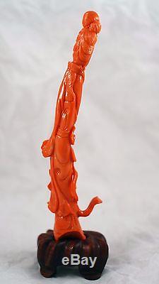 Statue De Corail Rouge Naturel Sculpté Chinois Antique De Beauté 6 Figure