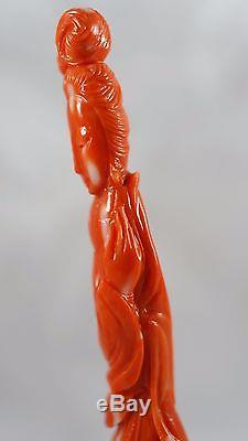 Statue De Corail Rouge Naturel Sculpté Chinois Antique De Beauté 6 Figure
