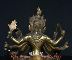 Statue ancienne en cuivre doré chinois de Guan Yin Boddhisattva Bouddha à 10 bras