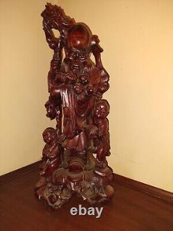 Statue antique chinoise rare en buis lourd de 18 pouces