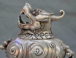 Statue de brûleur d'encens en argent pur marquée de lion de bête de lion chinois ancien folklorique