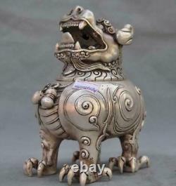Statue de brûleur d'encens en argent pur marquée de lion de bête de lion chinois ancien folklorique