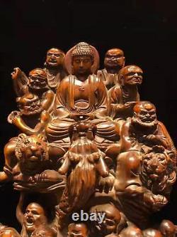 Statue en bois de buis naturel chinois sculptée à la main, exquise, représentant dix-huit arhats