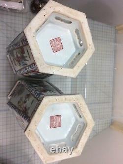 Super Rare! Une Paire De 19ème C. Vase Hexagonal Chinois De Famille-rose