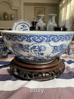 Superbe 14 Grand Antique Chinois Daoguang Blue Et White Bowl